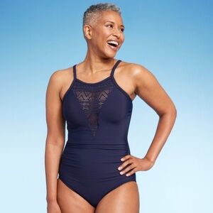 Aqua Green Women's Crochet High Neck One‎ Piece Swimsuit Large